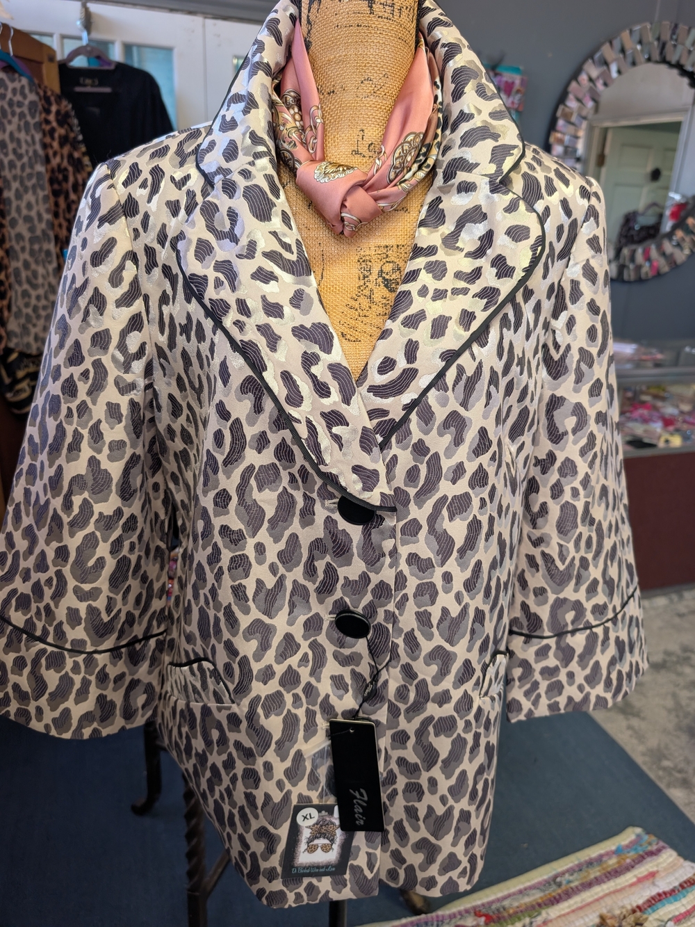 Animal-Print Cropped Jacket with Contrast Piping - Gold/Gray